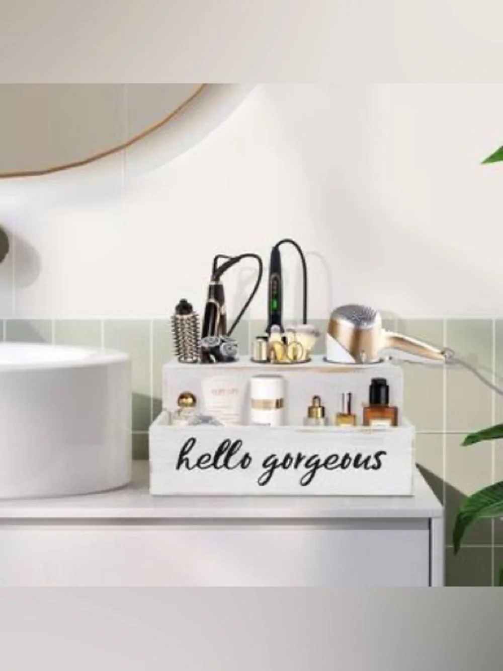 Hello Beautiful White Rustic Wood Organizer with 3 Stainless Cups